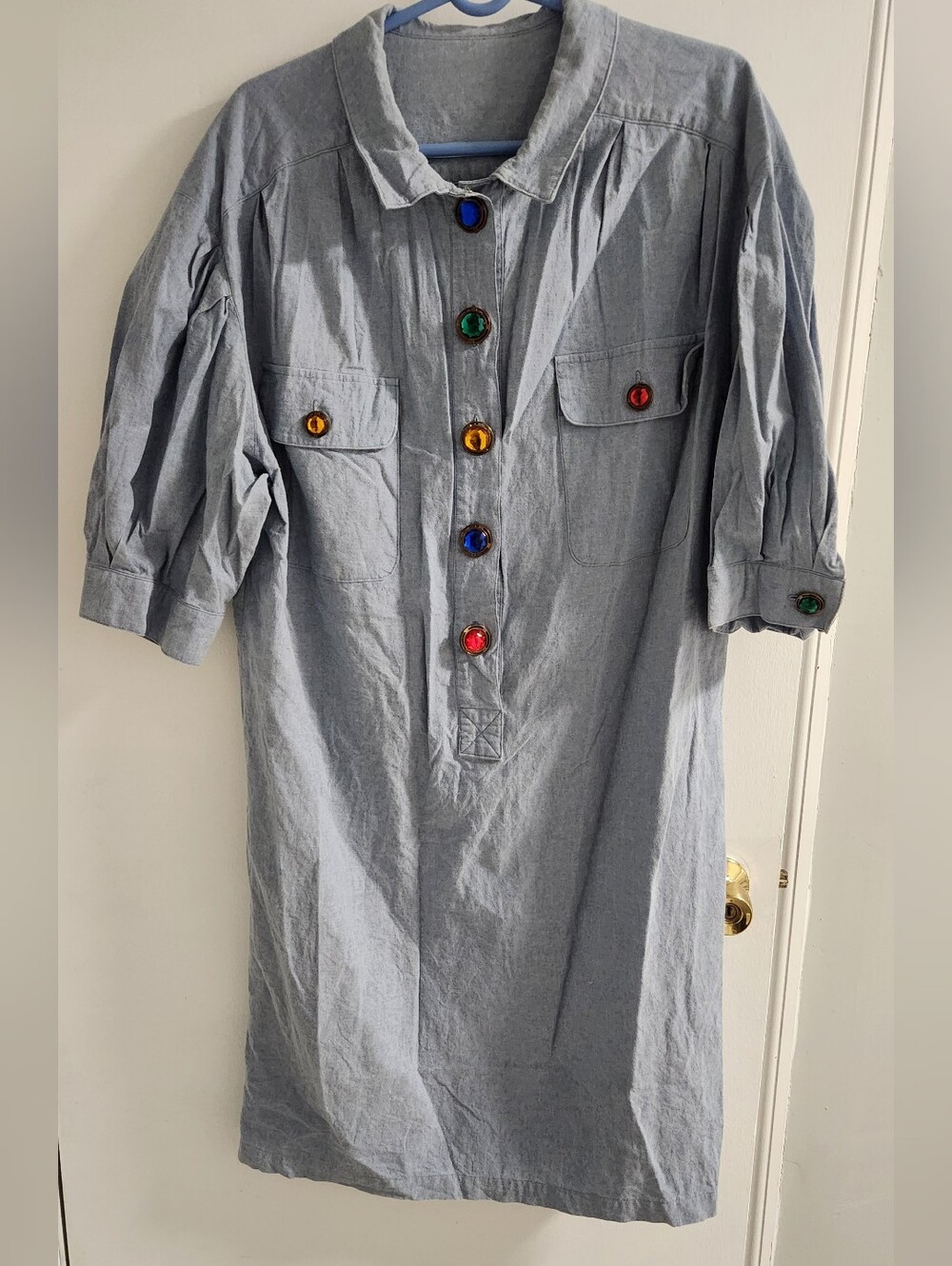Ladies Light Blue Casual Button-Front Shirt Dress, With Asst Gem Buttons, Size X